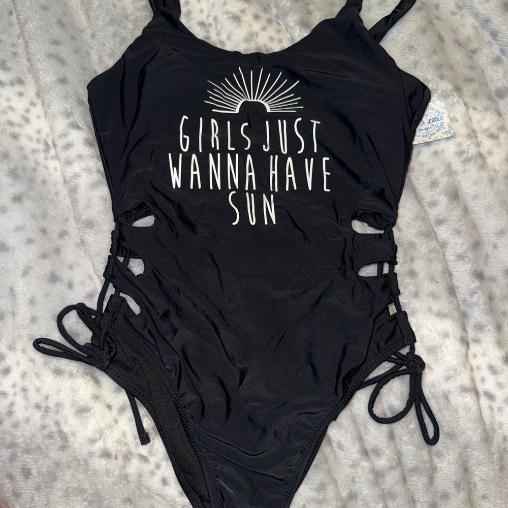 Black "Girls Just Wanna Have Sun" One-Piece Swimsuit